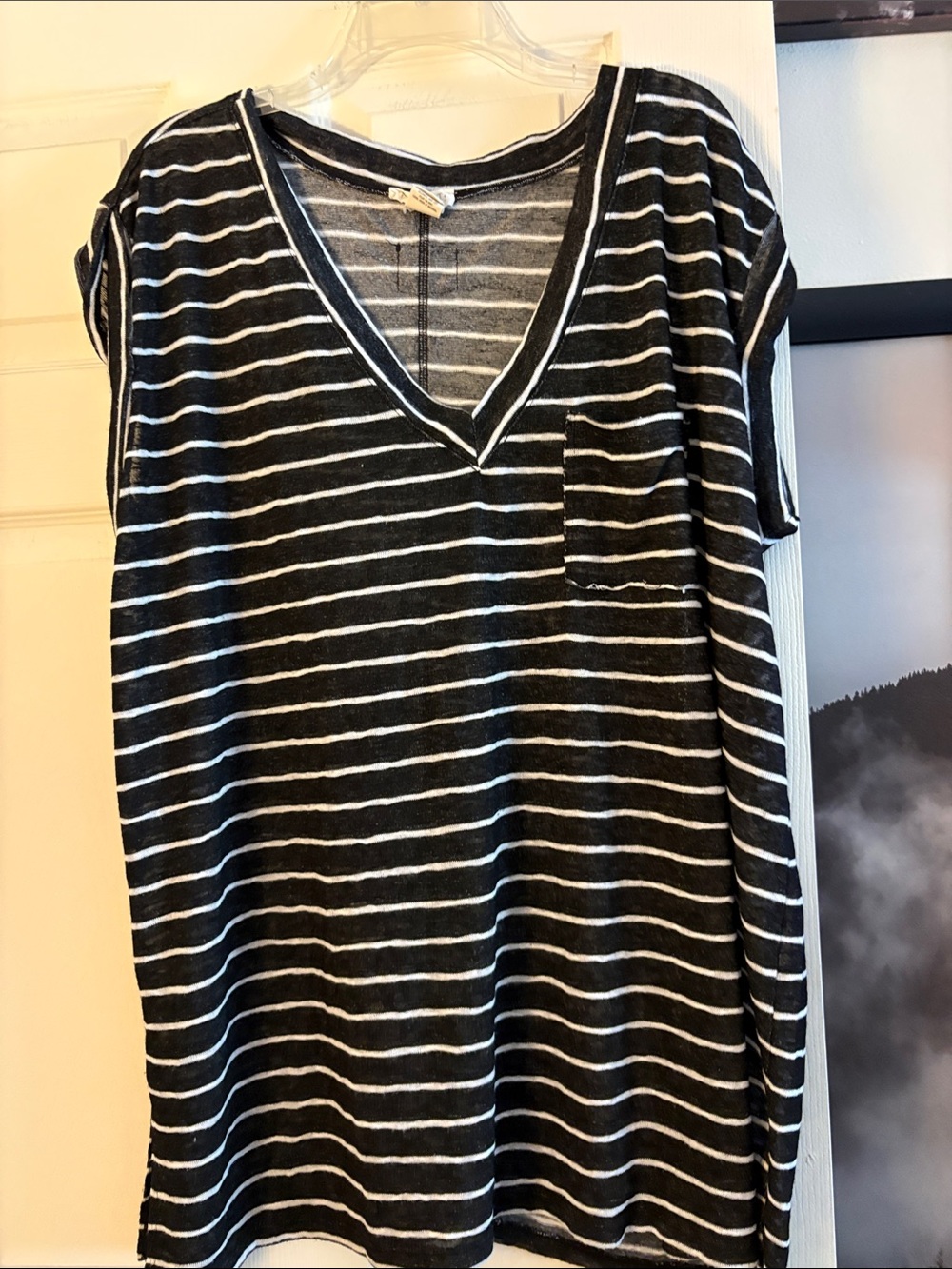 Women's Black & White Striped V-Neck Pocket Tee
